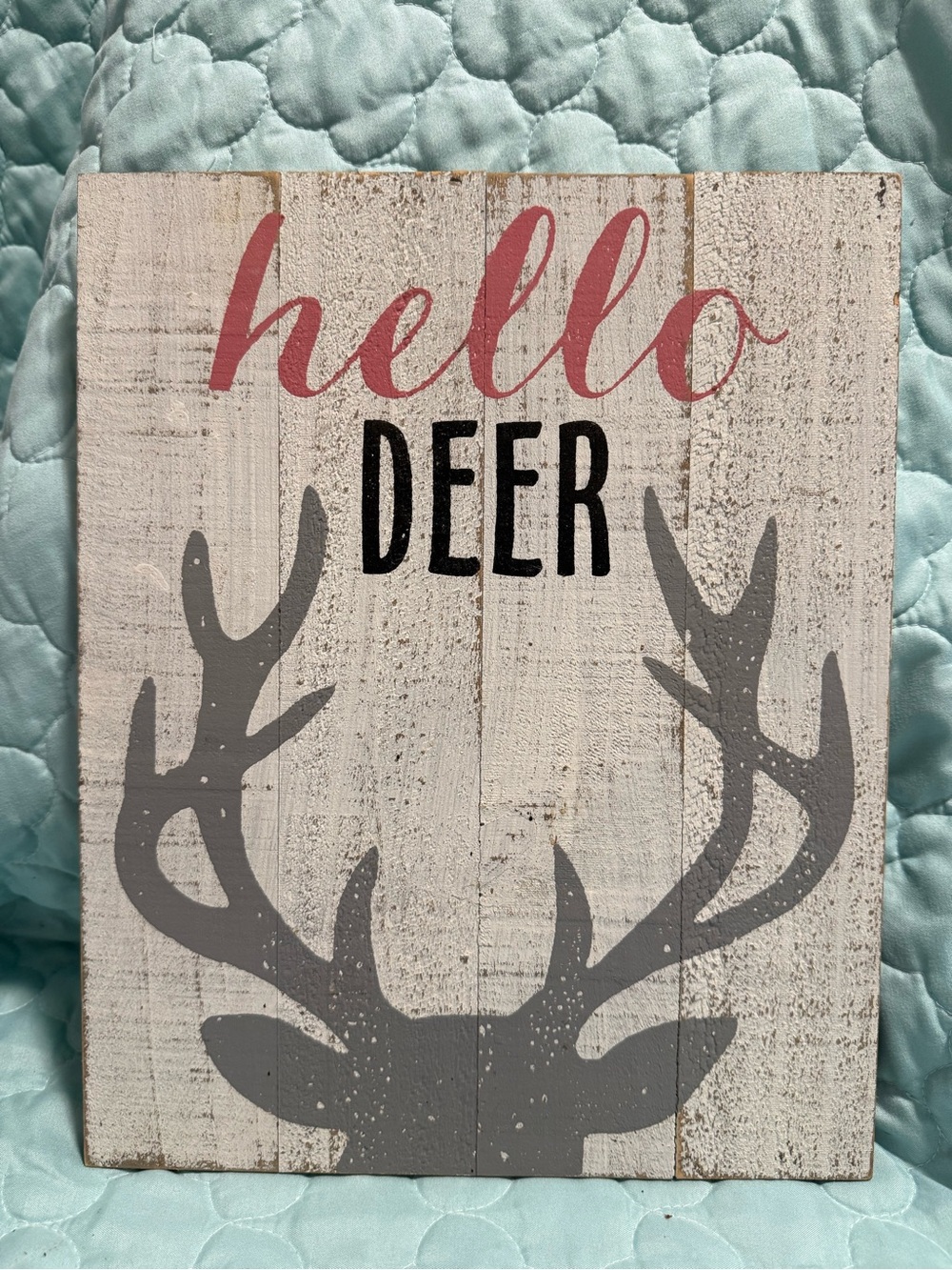 Hobby Lobby White Wood "hello" Deer Sign with Pink and Gray Accents